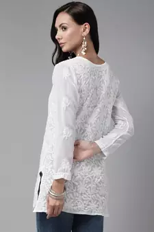 Hand Embroidered White Georgette Lucknowi Chikankari Women Short Kurti