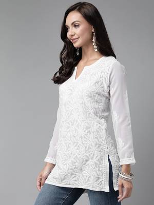 Hand Embroidered White Georgette Lucknowi Chikankari Women Short Kurti 4