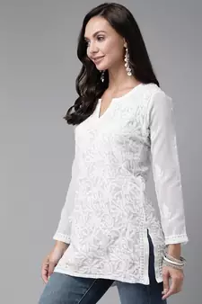 Hand Embroidered White Georgette Lucknowi Chikankari Women Short Kurti