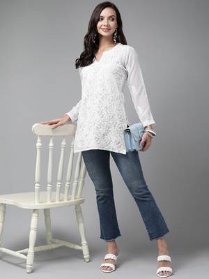Hand Embroidered White Georgette Lucknowi Chikankari Women Short Kurti 1