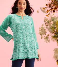 Hand Embroidered Green Georgette Lucknowi Chikan Women Short Kurti