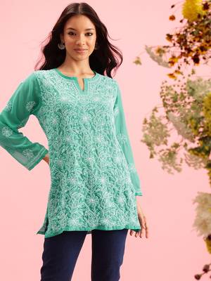 Hand Embroidered Green Georgette Lucknowi Chikan Women Short Kurti 2