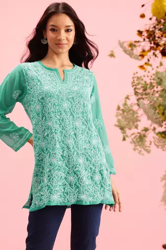 Hand Embroidered Green Georgette Lucknowi Chikan Women Short Kurti