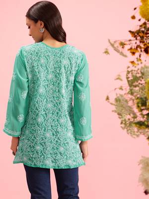 Hand Embroidered Green Georgette Lucknowi Chikan Women Short Kurti 3