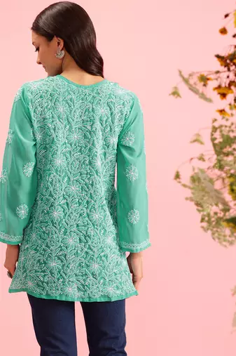 Hand Embroidered Green Georgette Lucknowi Chikan Women Short Kurti