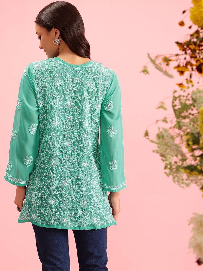 Hand Embroidered Green Georgette Lucknowi Chikan Women Short Kurti