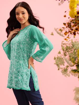 Hand Embroidered Green Georgette Lucknowi Chikan Women Short Kurti 4