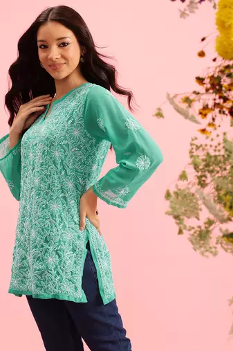 Hand Embroidered Green Georgette Lucknowi Chikan Women Short Kurti