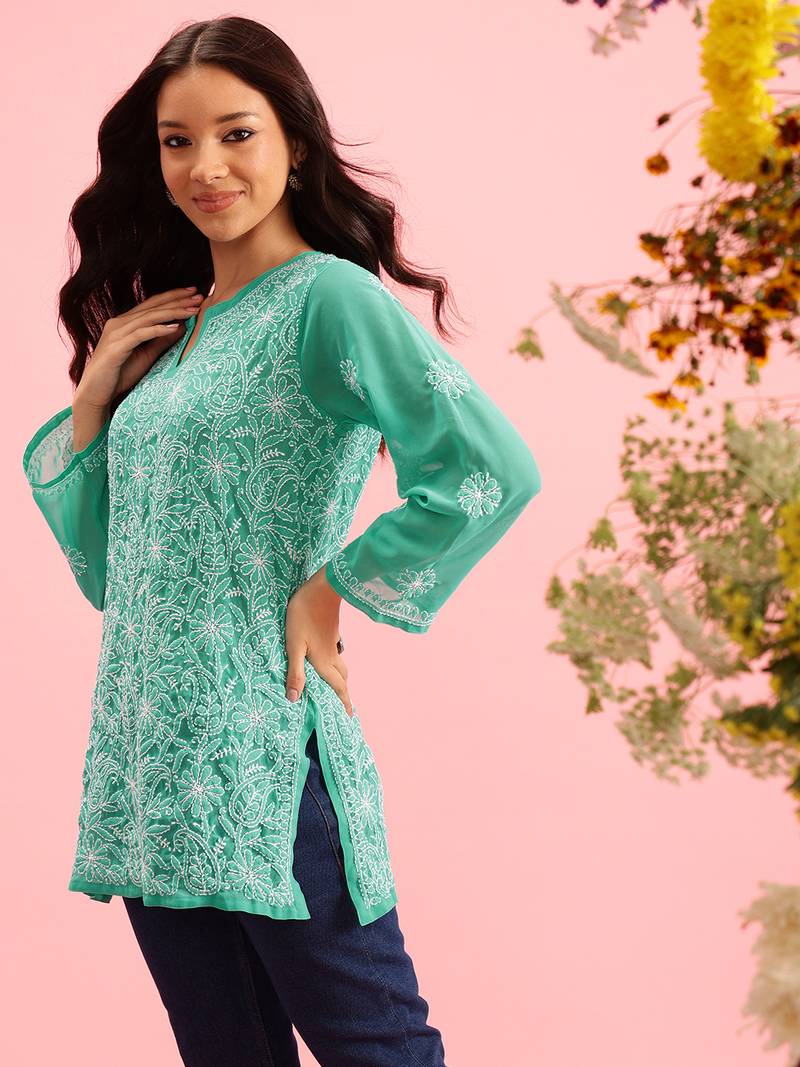 Hand Embroidered Green Georgette Lucknowi Chikan Women Short Kurti