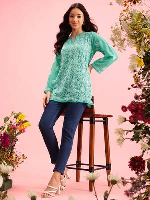 Hand Embroidered Green Georgette Lucknowi Chikan Women Short Kurti 1