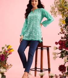 Hand Embroidered Green Georgette Lucknowi Chikan Women Short Kurti