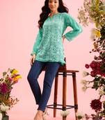 Hand Embroidered Green Georgette Lucknowi Chikan Women Short Kurti