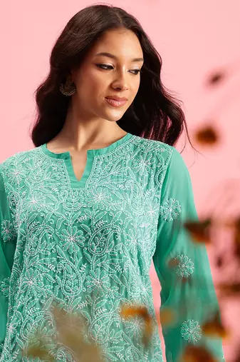 Hand Embroidered Green Georgette Lucknowi Chikan Women Short Kurti