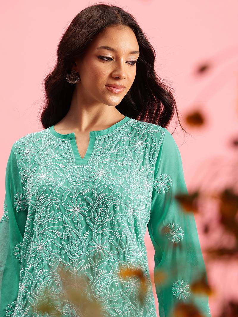 Hand Embroidered Green Georgette Lucknowi Chikan Women Short Kurti