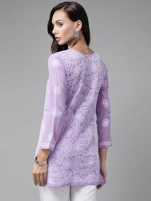 Hand Embroidered Mauve Georgette Lucknowi Chikankari Women Short Kurti 3