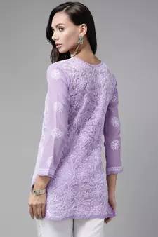 Hand Embroidered Mauve Georgette Lucknowi Chikankari Women Short Kurti