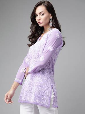 Hand Embroidered Mauve Georgette Lucknowi Chikankari Women Short Kurti 4
