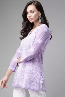 Hand Embroidered Mauve Georgette Lucknowi Chikankari Women Short Kurti