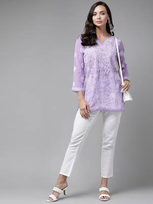 Hand Embroidered Mauve Georgette Lucknowi Chikankari Women Short Kurti 1
