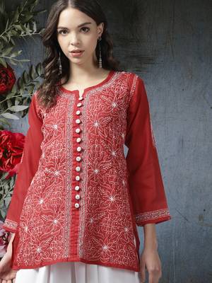 Women Hand Embroidered Red Cotton Lucknowi Chikankari Short Kurti With Zari Work 1