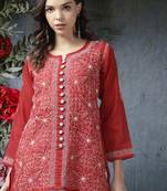 Women Hand Embroidered Red Cotton Lucknowi Chikankari Short Kurti With Zari Work