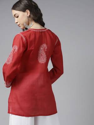 Women Hand Embroidered Red Cotton Lucknowi Chikankari Short Kurti With Zari Work 2
