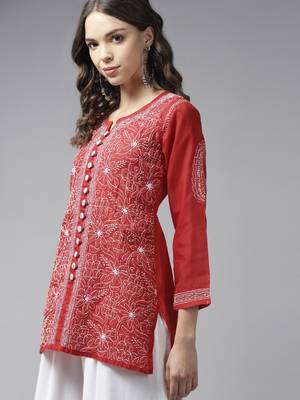 Women Hand Embroidered Red Cotton Lucknowi Chikankari Short Kurti With Zari Work 3