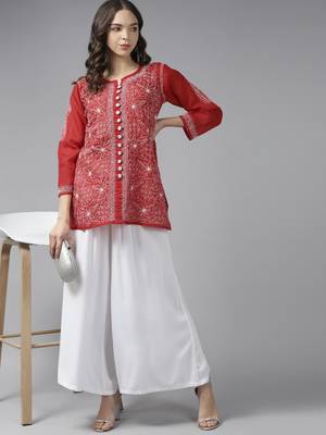 Women Hand Embroidered Red Cotton Lucknowi Chikankari Short Kurti With Zari Work 4