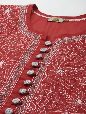 Women Hand Embroidered Red Cotton Lucknowi Chikankari Short Kurti With Zari Work 5