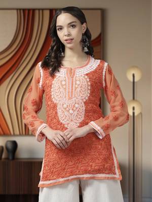 Hand Embroidered Rust Georgette Lucknowi Chikankari Women Short Kurti With Slip 1