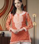 Hand Embroidered Rust Georgette Lucknowi Chikankari Women Short Kurti With Slip