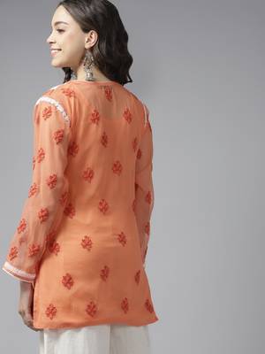 Hand Embroidered Rust Georgette Lucknowi Chikankari Women Short Kurti With Slip 2