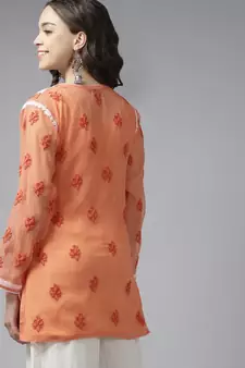 Hand Embroidered Rust Georgette Lucknowi Chikankari Women Short Kurti With Slip