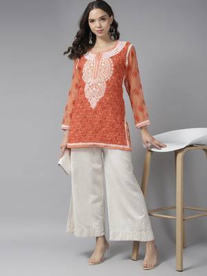 Hand Embroidered Rust Georgette Lucknowi Chikankari Women Short Kurti With Slip 3
