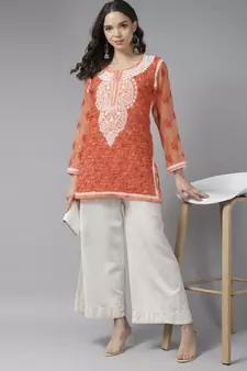 Hand Embroidered Rust Georgette Lucknowi Chikankari Women Short Kurti With Slip