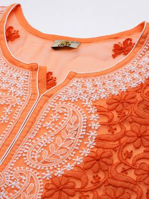 Hand Embroidered Rust Georgette Lucknowi Chikankari Women Short Kurti With Slip 5