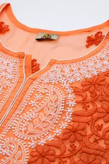 Hand Embroidered Rust Georgette Lucknowi Chikankari Women Short Kurti With Slip