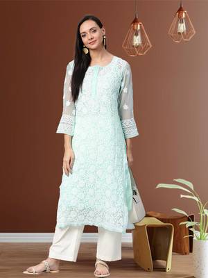 Hand Embroidered Sea Green Georgette Lucknow Chikankari Women Kurta With Slip 1