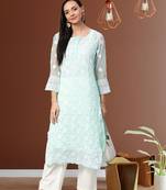 Hand Embroidered Sea Green Georgette Lucknow Chikankari Women Kurta With Slip