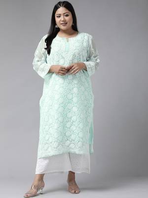 Hand Embroidered Sea Green Georgette Lucknow Chikankari Women Kurta With Slip 2