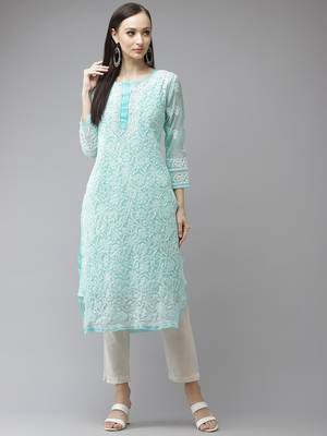 Ada Hand Embroidered Blue Georgette Lucknow Chikan Women Trending Kurta with Slip - A411322 1