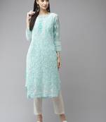 Ada Hand Embroidered Blue Georgette Lucknow Chikan Women Trending Kurta with Slip - A411322