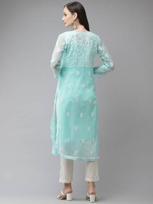 Ada Hand Embroidered Blue Georgette Lucknow Chikan Women Trending Kurta with Slip - A411322 2