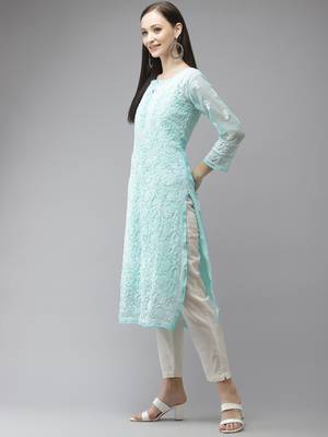 Ada Hand Embroidered Blue Georgette Lucknow Chikan Women Trending Kurta with Slip - A411322 3