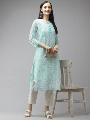 Ada Hand Embroidered Blue Georgette Lucknow Chikan Women Trending Kurta with Slip - A411322 4