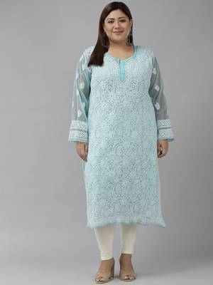 Ada Hand Embroidered Blue Georgette Lucknow Chikan Women Trending Kurta with Slip - A411322 5