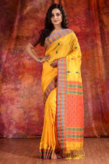 Yellow Blended Tusser soft handwoven duel tone saree with geometric design in pallu