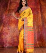 Yellow Blended Tusser soft handwoven duel tone saree with geometric design in pallu