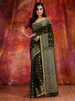 Bottol Green Cotton soft saree with woven design 1