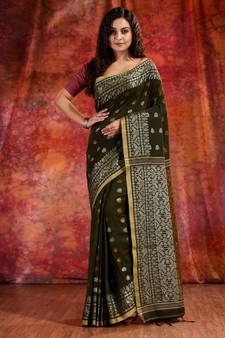 Bottol Green Cotton soft saree with woven design